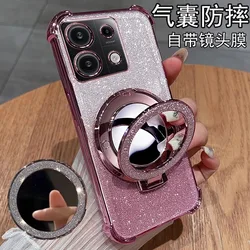 For Redmi Note 13 Pro 5G Xiaomi POCO X6 Case Mirror Glitter Holder Camera Protection Plating Airbag Silicone Shockproof Cover