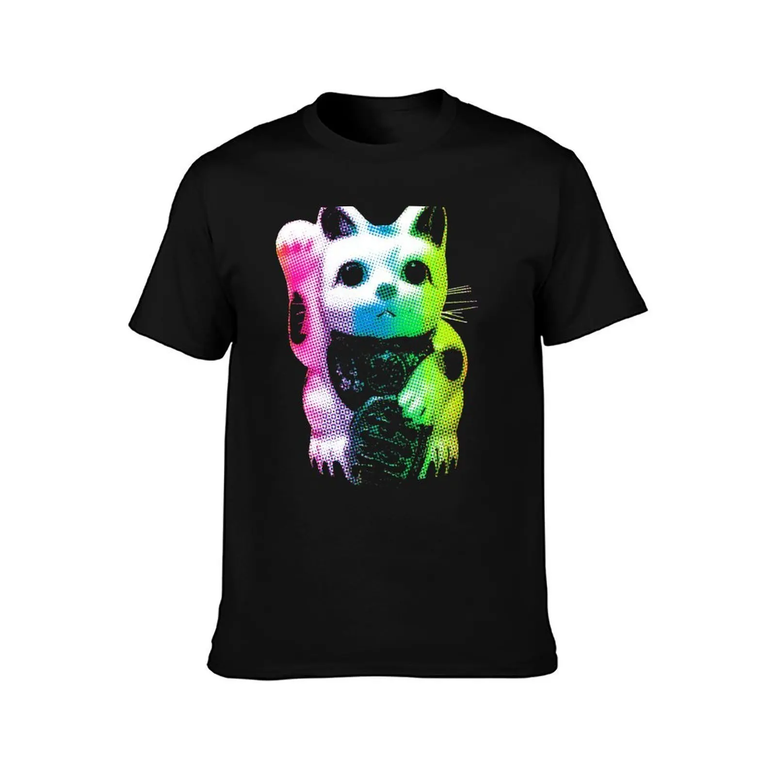 Rainbow Lucky Cat - Maneki Neko T-Shirt, Summer Casual Cotton Tee, Oversized Streetwear Tops, Vintage Graphic Print, 100% Cotton