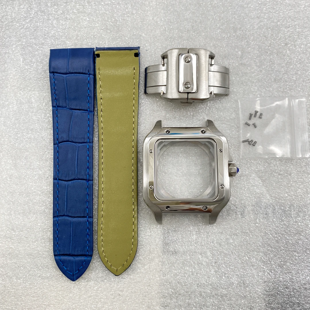 38mm Square Watch Case Fit 27mm Dial Leather Bracelet Mod Parts For Cartier Santos NH35 Movement Strap Butterfly Buckle Clasp