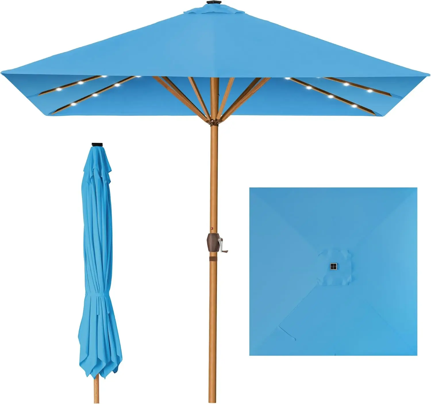 9ft Deep Square Solar Powered LED Lighted Patio Umbrella w/Faux Wood Texture, UV-Resistant Fabric, Hand Crank