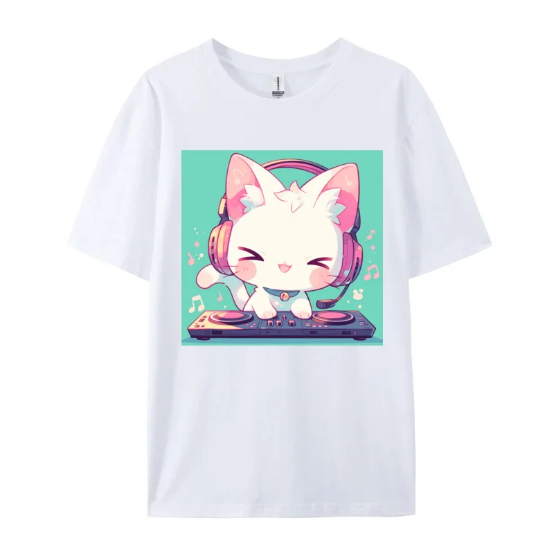 Cat With Headphones On Playing Music T-shirt 100% Cotton Fabric O-Neck Camisa T Shirt Company Street T Shirt