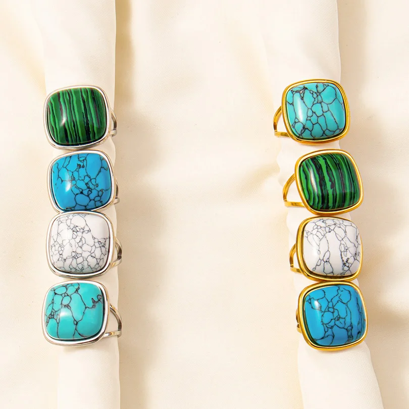Luxury Square Turquoise No Fade Stainless Steel Rings For Women Men Jewelry Fashion Open Adjustable Ring Finger Accessories Gift