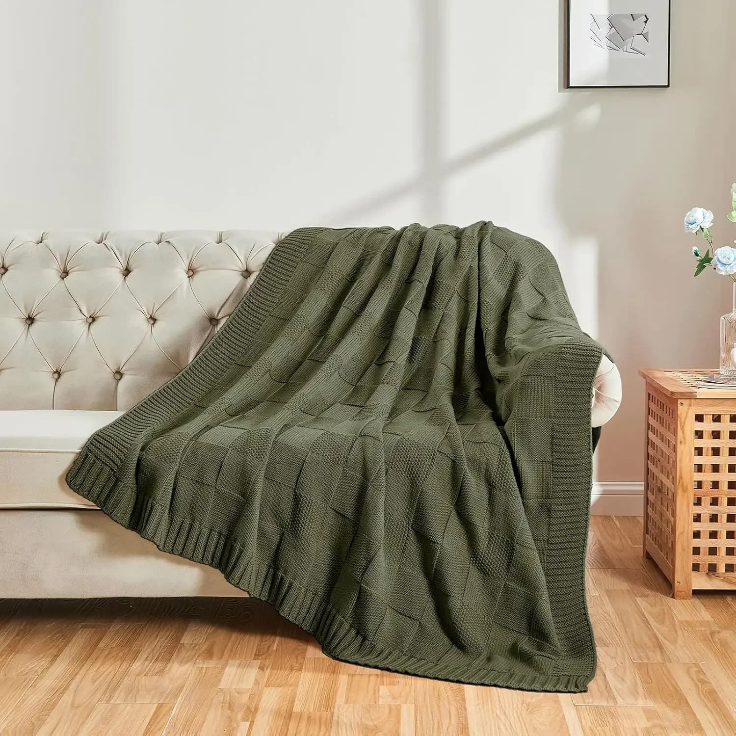 Knit Throw Blanket,Olive Green Checkered Throw Blanket for Couch,Soft Cozy Warm Knitted Throw Blanket for Bed Sofa Living Room