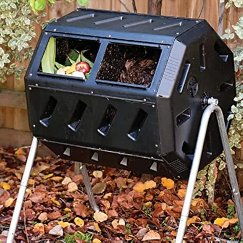 Dual-chamber rotating compost bin with integrated wheels and ergonomic handholds, octagonal steel-reinforced design, 37-gallon t
