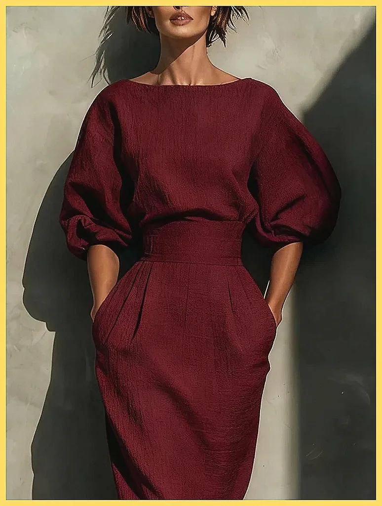 Elegante Abito a Vita Alta con Maniche a Lanterna e Tasche, Vestito Casual da Festa con Scollo Incrociato