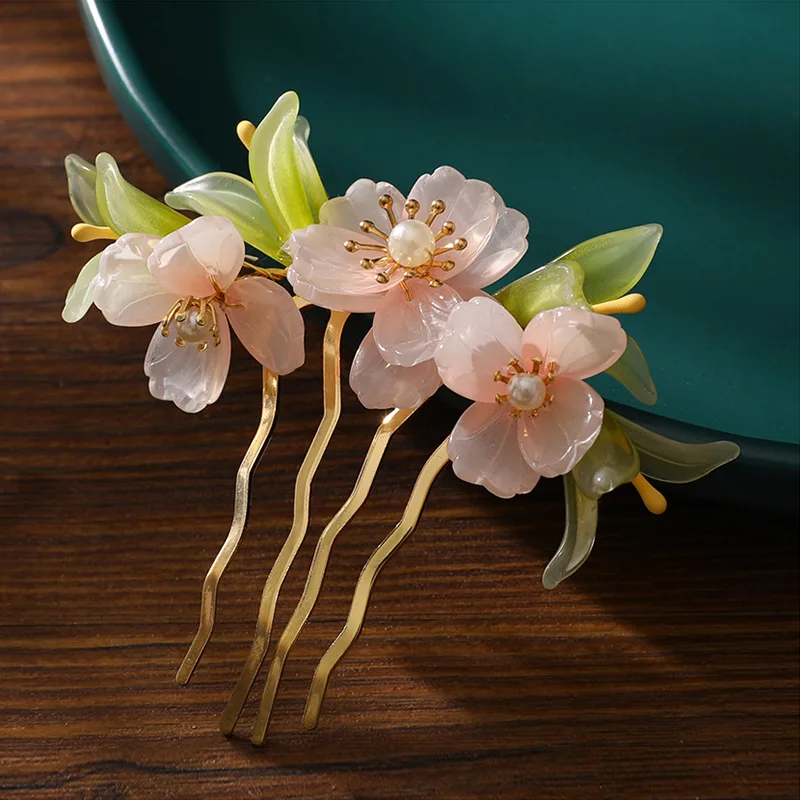 Ancient Hair Side Comb Chinese Hairpin Pink Flower Pearl Hair Clip Fork Vintage Hanfu Dress Hair Jewelry Charm Headpiece Tiaras