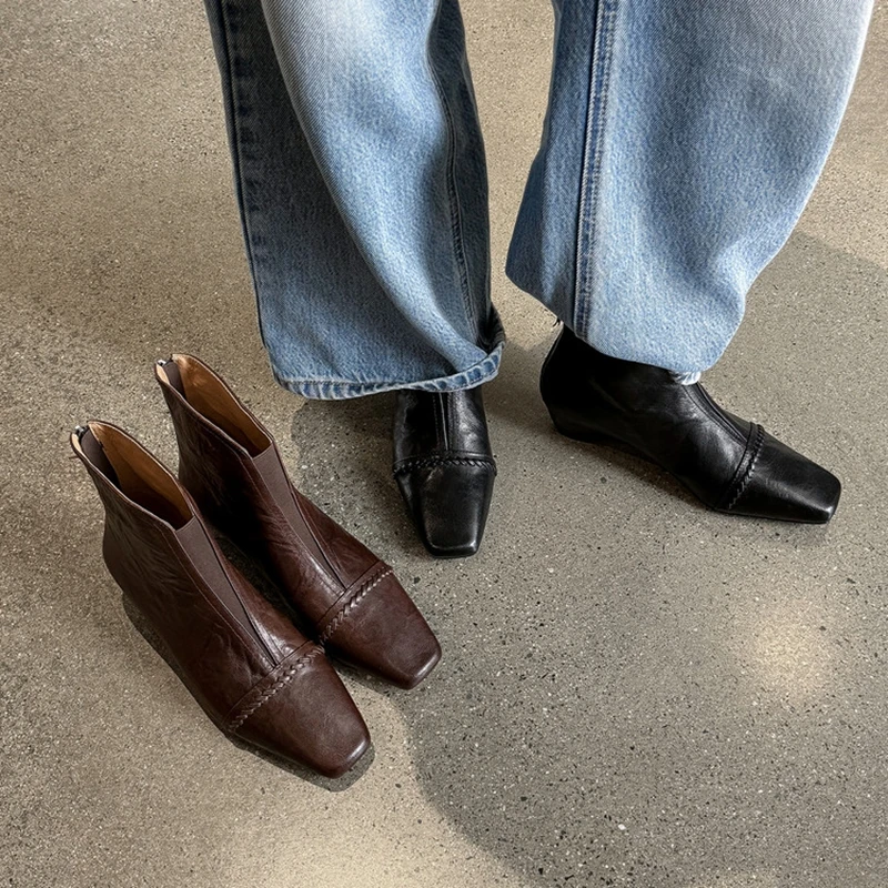 NEW Autumn Women Boots Genuine Leather Shoes Women Square Toe Chunky Heel Shoes Fashion Zipper Modern Boots Weave Daily Shoes