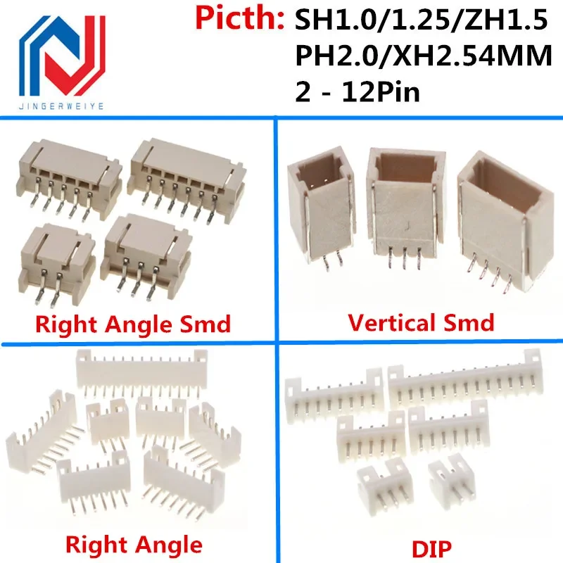 10PCS 1.0 1.25 1.5 2.0 2.54 SH/JST/ZH/PH/XH 1.25MM 2.0MM 2.54MM Male Pin Header Socket Dip/Right Angle SMD 2/3/4/5/6/7/8/9/P Pin