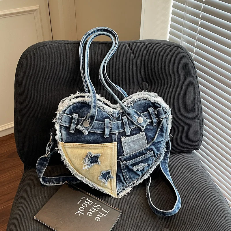 

Super Trendy Cool Hot Girl Casual Washed Denim Bag Niche Design Motorcycle Canvas Commuter Street Underarm Bag