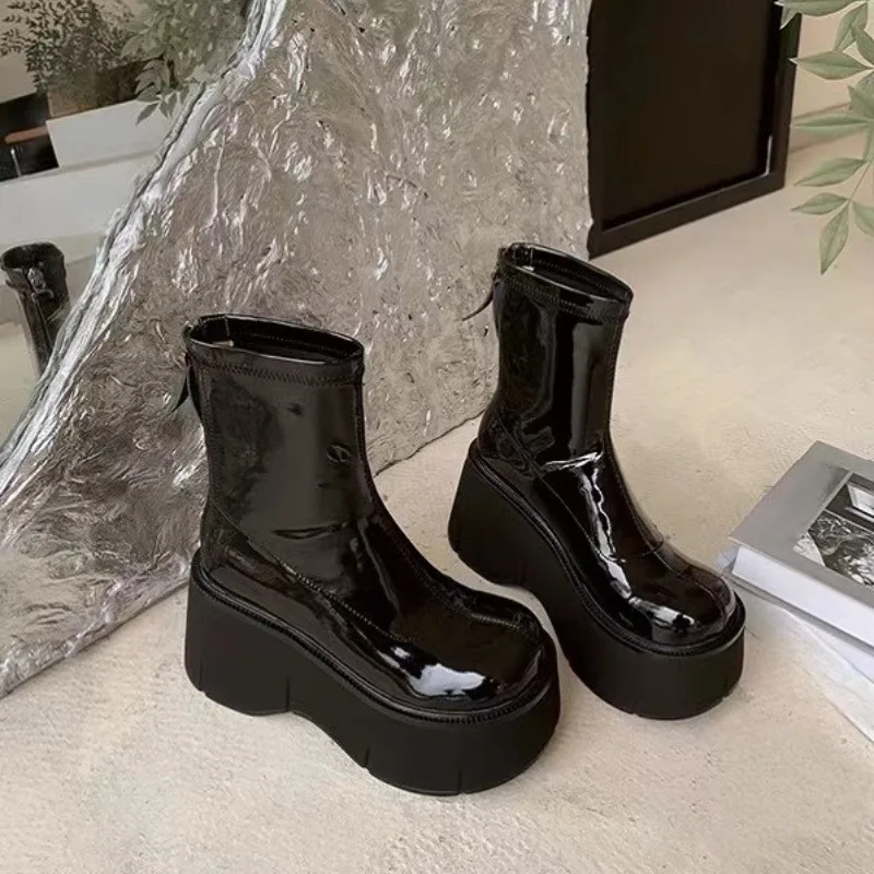 Super High Heel Wedges Modern Boots Slip-on Solid Ladies Shoes on Sale 2025 Fashion Round Toe Sewing Concise Women's Boots image 2