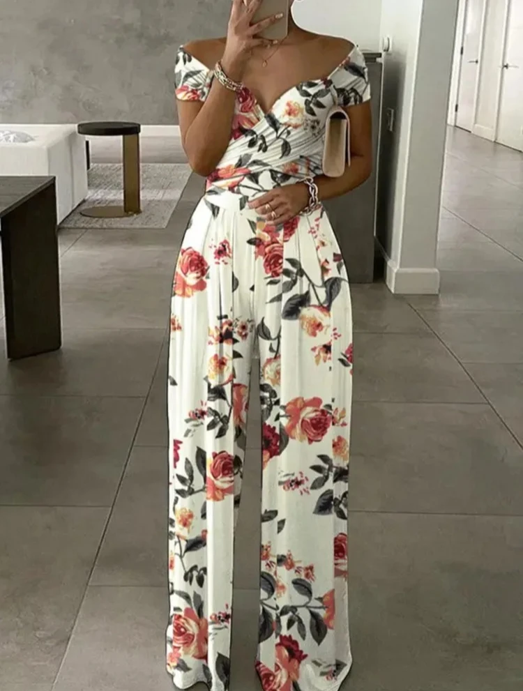 Summer New Printed One Shoulder Jumpsuits Women High Waist Short Sleeves Wide Leg Long Pants Slim Jumpsuit Ladies Commuting