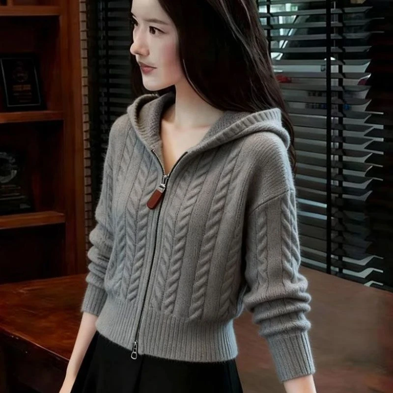 

Fashionable Knitted Hoodie with Zipper Spring New Arrival Lazy Style Women's Short Sleeve Long Sleeve Top Warmth Guaranteed