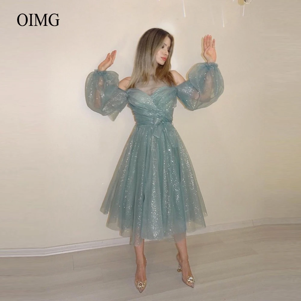 

OIMG Sparkly Tulle Short Prom Dresses High Neck Puff Long Sleeves Tea Length Evening Party Gowns Graduation Dress For 16 Girls