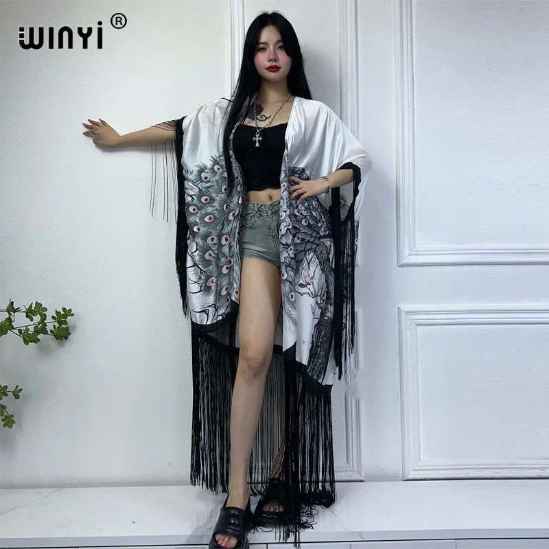 WINYI Africa kimono cover-ups summer boho peacock print Bikini Cover-up Elegant fashion Cardigan sexy Holiday tassels maxi dress