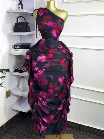 Damska sukienka midi/maxi z kwiatowym nadrukiem, na jedno ramię, bez rękawów, marszczona, obcisła, długa, seksowna sukienka na imprezę/wieczór, model 2026