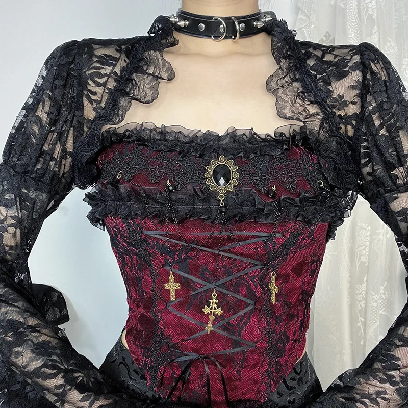 Top corto de malla transparente para mujer, blusa Sexy de manga acampanada, cubierta de encaje clásica gótica Y2k, traje Rave negro para Festival