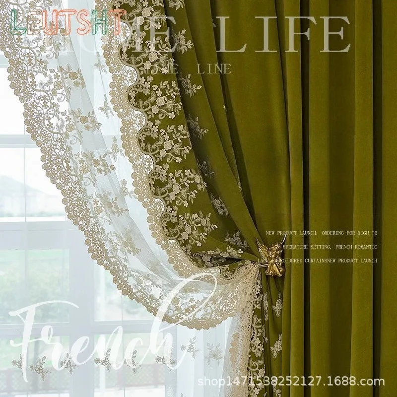 Customized Size 1pc Velvet Curtains for Living Dining Room Bedroom High-end Light Luxury Blackout Green Embroidered Thickened 3