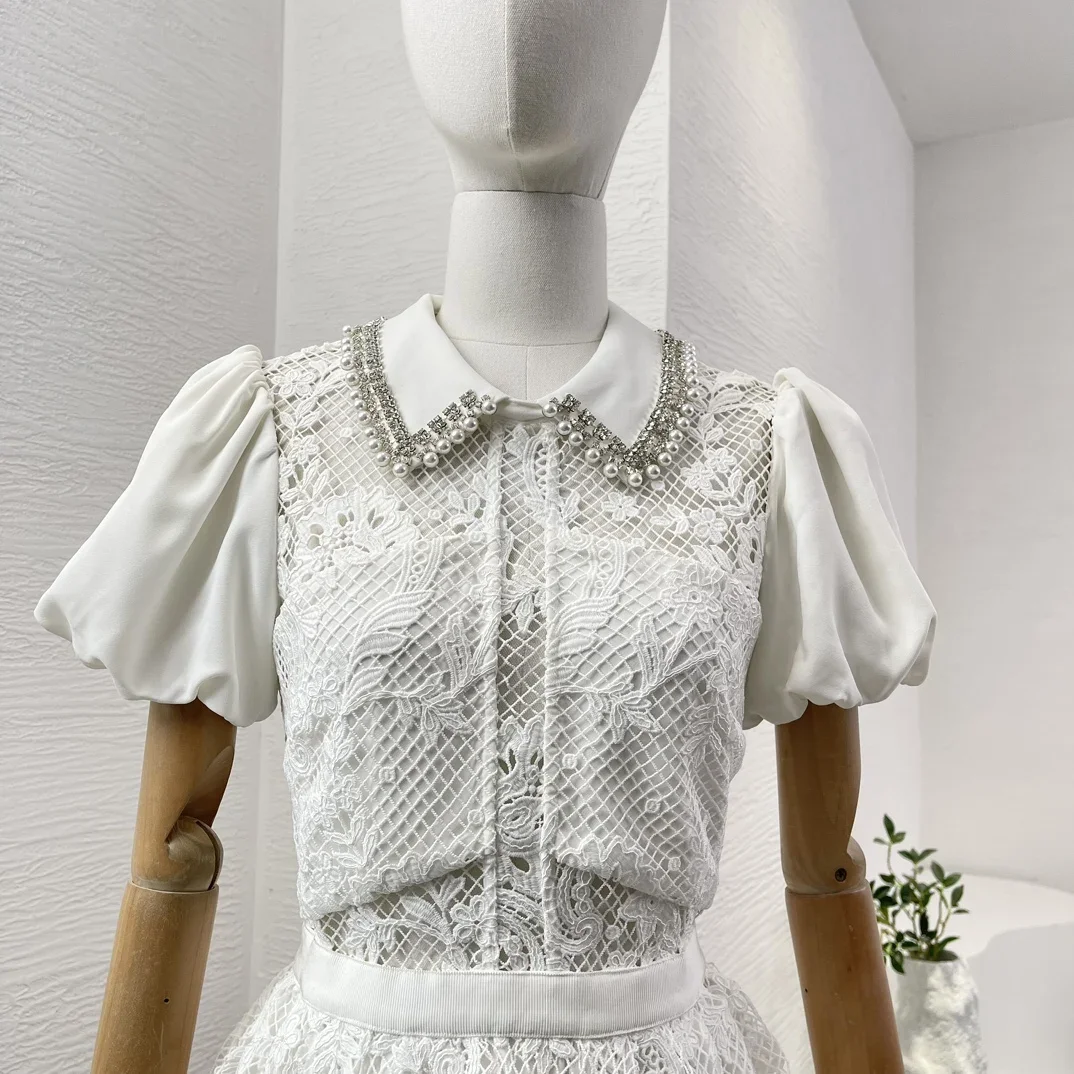 White Fashionable Top Quality Short Sleeve Diamonds Lace Patchwork Women\'s Dress with Sweet Pearl Ivory