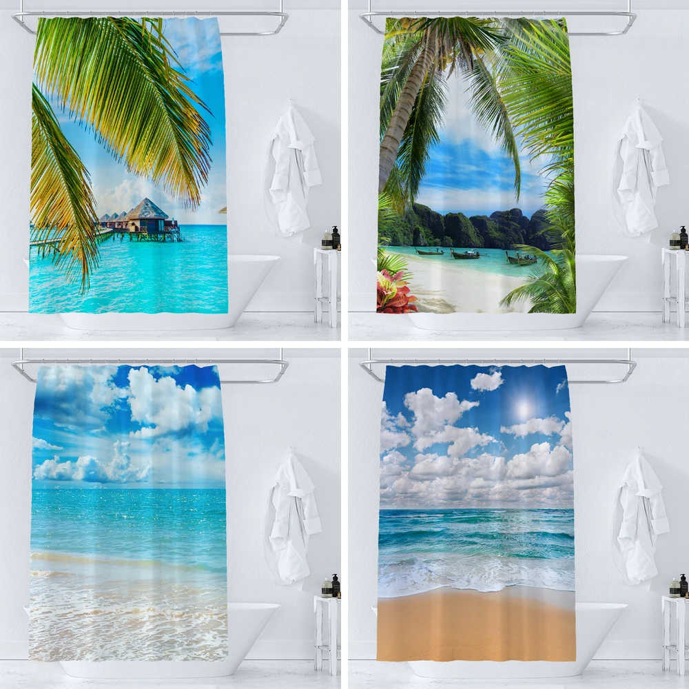 

Sunny Sea Beach Seaside Scenery Bath Curtain Waterproof Shower Curtains landscape Bath Screen Print Curtain for Bathroom