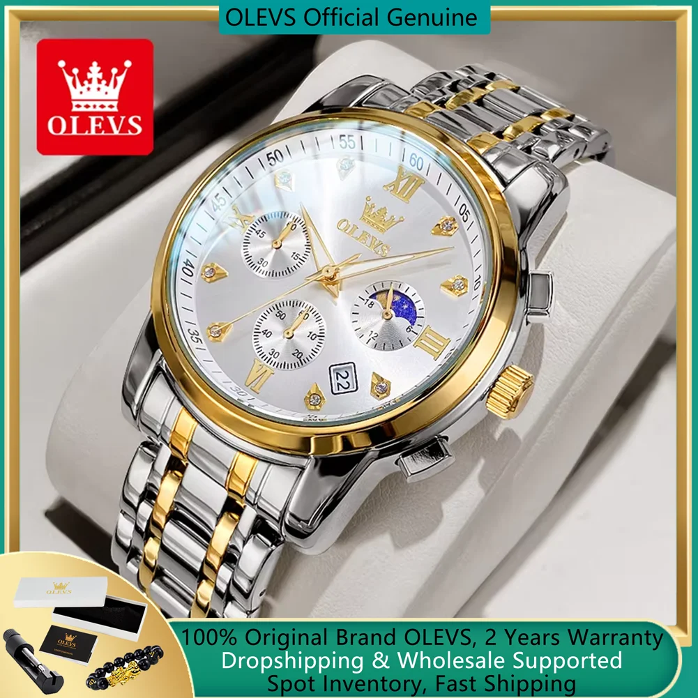 OLEVS Luxury Quartz Watch for Men Stainless Steel Waterproof Chronograph Sports Date Clock Moon Phase Original Men\'s Wristwatch