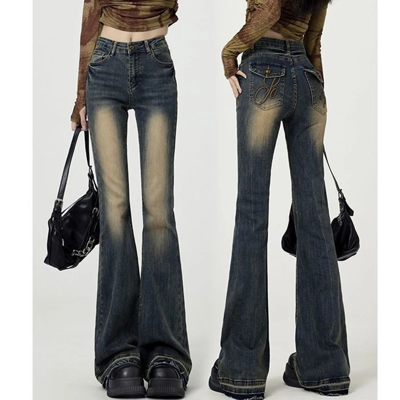 Pantalones vaqueros acampanados Retro para mujer, Jeans elásticos ajustados, parte inferior de campana, Vintage, azul, americano, Y2k, 2000s, nuevo