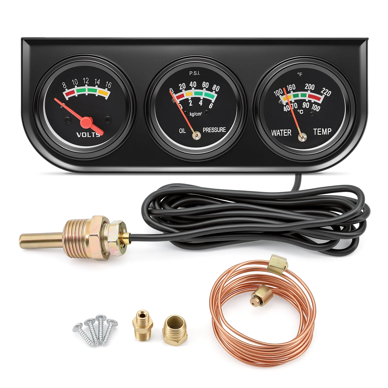 3 in 1 Car Meter Kit 52mm Voltmeter Oil Pressure Water Temperature Triple Gauge Black Bezel Set Instrument For Car Marine Trucks