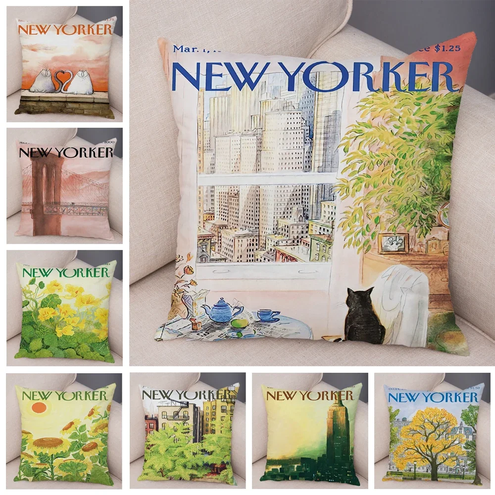 The New Yorker City Magazine Painting Pillowcase Decor Scenery Pillow Case for Sofa Car Soft Plush Vintage Throw Cushion Cover