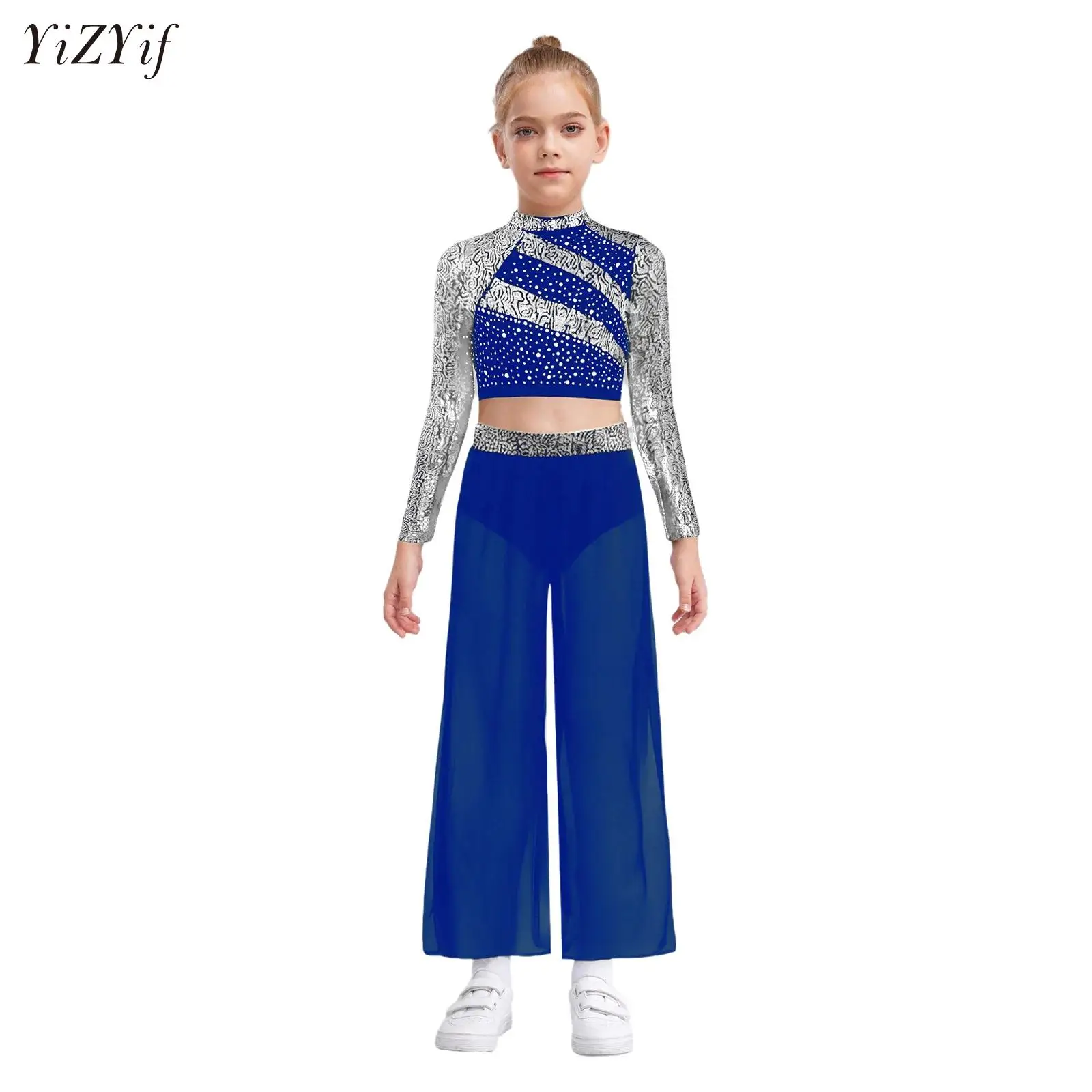 

Modern Dance Crop Top Leotard for Girls Kids Mesh Wide Leg Pants with Crop Top Attached Suit Lyrical Outfits Clothes Set