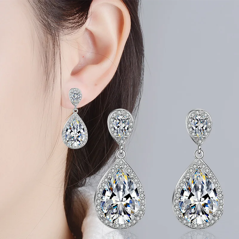 

925 Sterling Silver Pink/White Cubic Zirconia Bridal Engagement Waterdrop CZ Stud Earrings For Women Wedding Fine Jewelry Gift