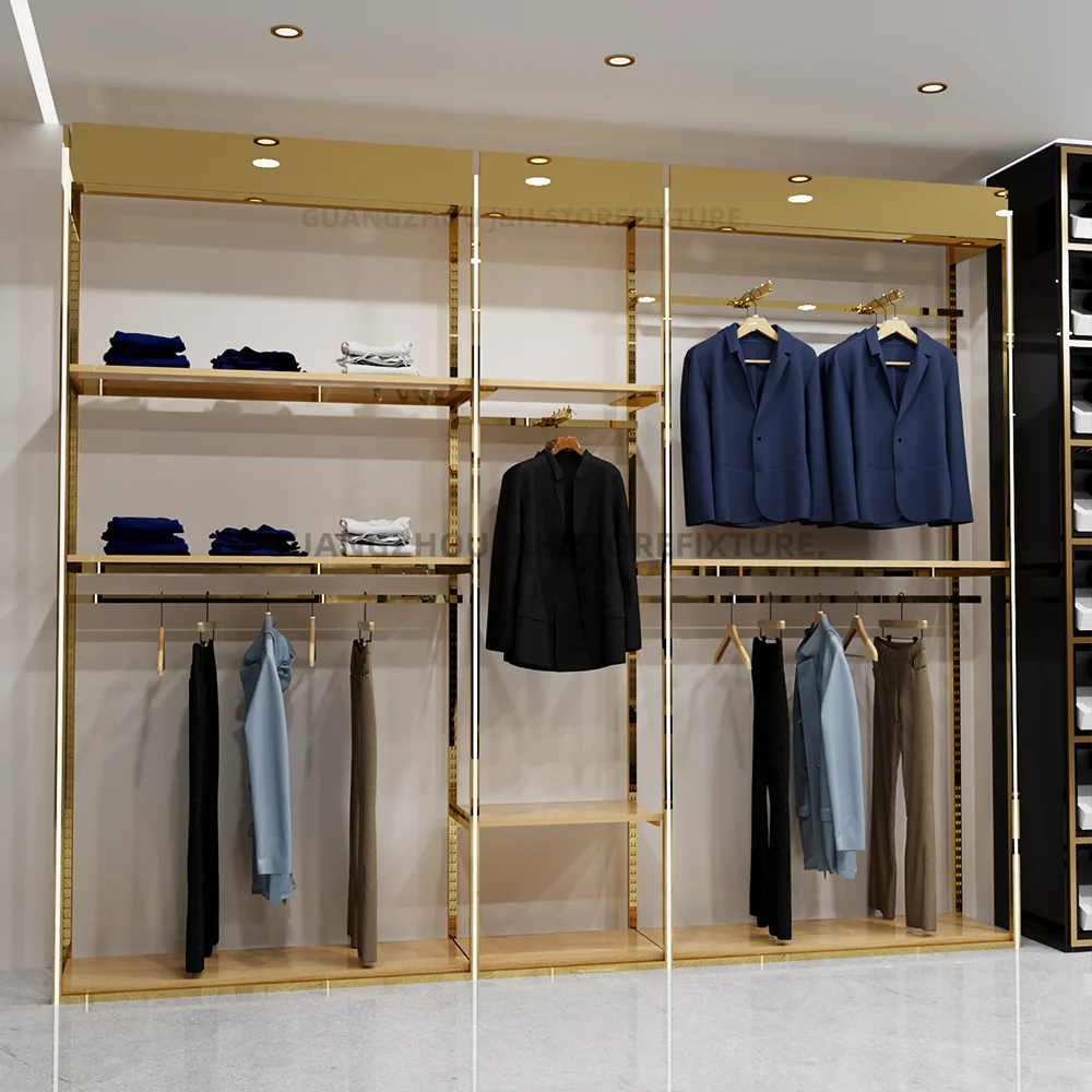 Custom.Custom .Custom.Stainless Steel Texture Clothes Shop Display Rack Custom Logo Metal Clothes Hanging Shelves Stand for Man