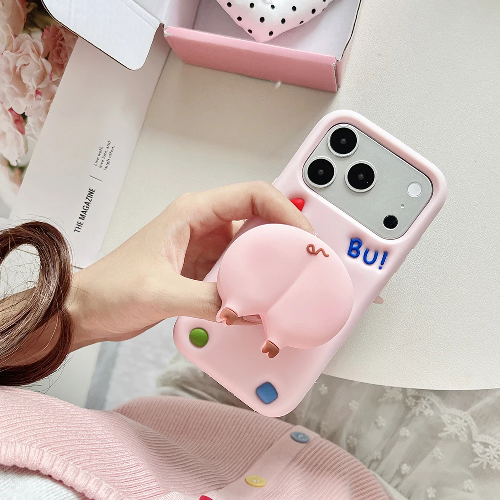 3D Cartoon Schweinchen-Po-Halterung Weiche Silikon-Handyhülle für iPhone 16 17 18 Pro Max Lustige Stoßfeste Standhalter-Abdeckung – Detail 9