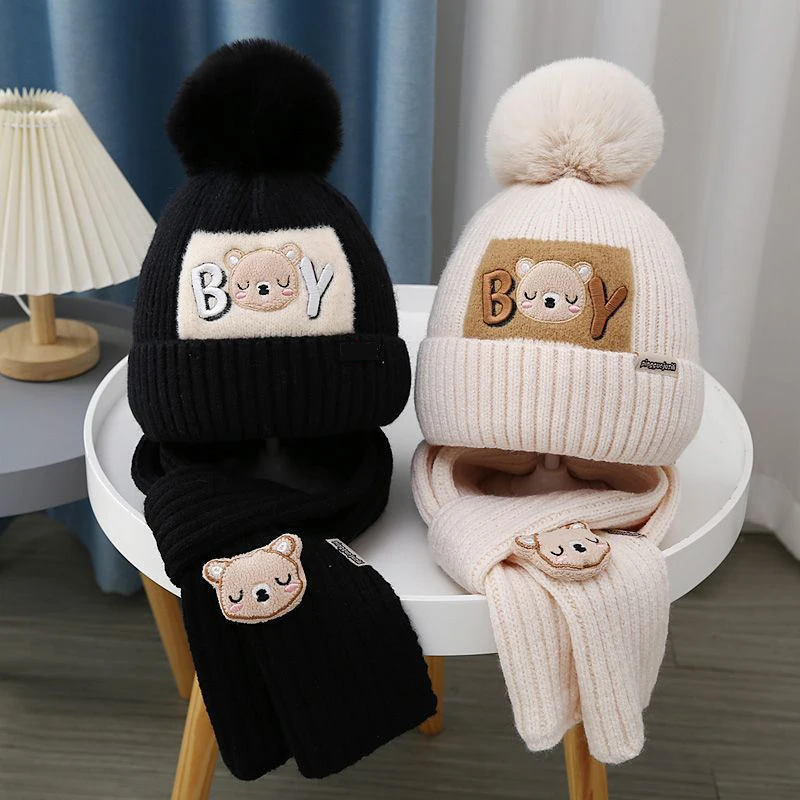 1-6 Years Kids Winter Hat Scarf Set Cute Bear Boy Girl Thick Warm Knit Pullover Hats Outdoor Children Windproof Warm Neck Covers