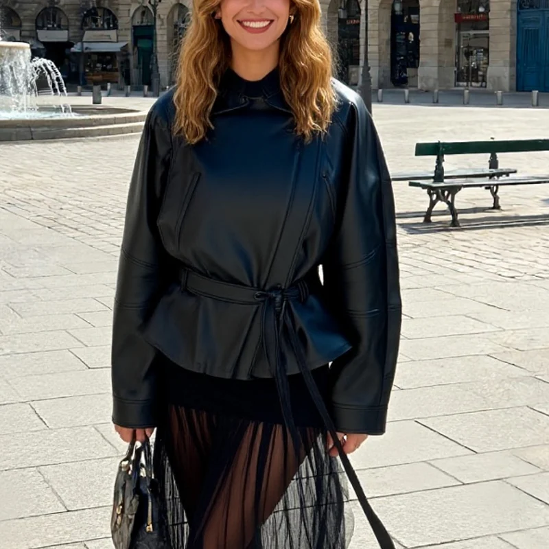 Women's Jacket 2025 New Fashion Autumn Black Long Sleeve Belt Faux Leather Jacket Motorcycle Style Personality Ladies Jacket