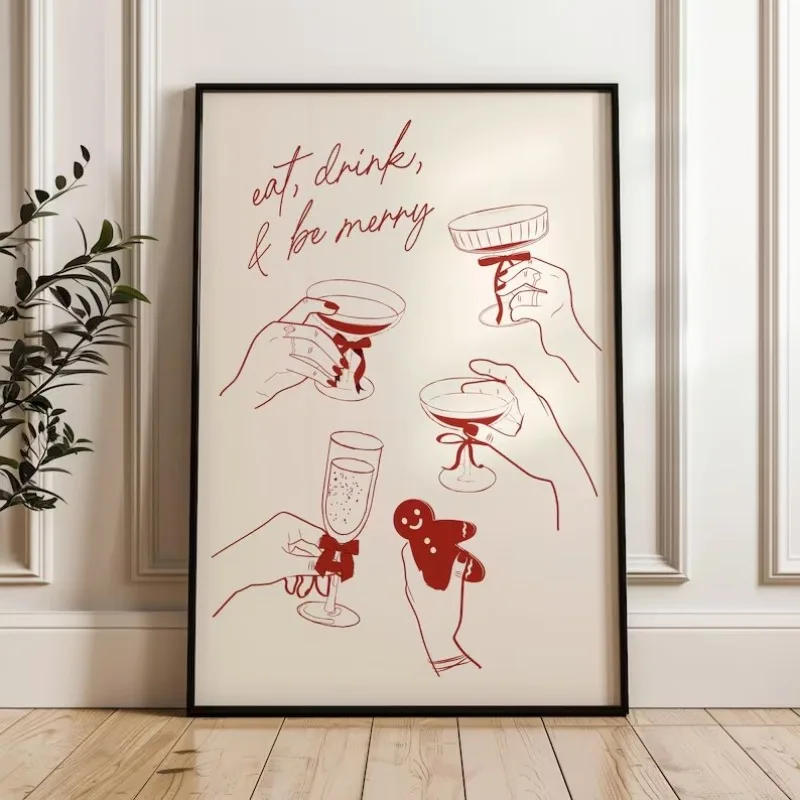 Póster navideño rojo con estampado de bebidas navideñas, estampado de saludos para decoración de carrito de bar, cartel Be Merry, estampado de cócteles navideños de moda