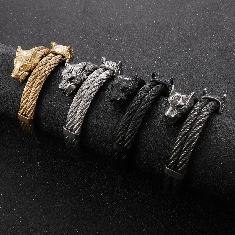 Rock Fashion Handwear Punk Vintage Wolf Head Double Men's for Ring Stainless Steel Open Elastic Bracelet