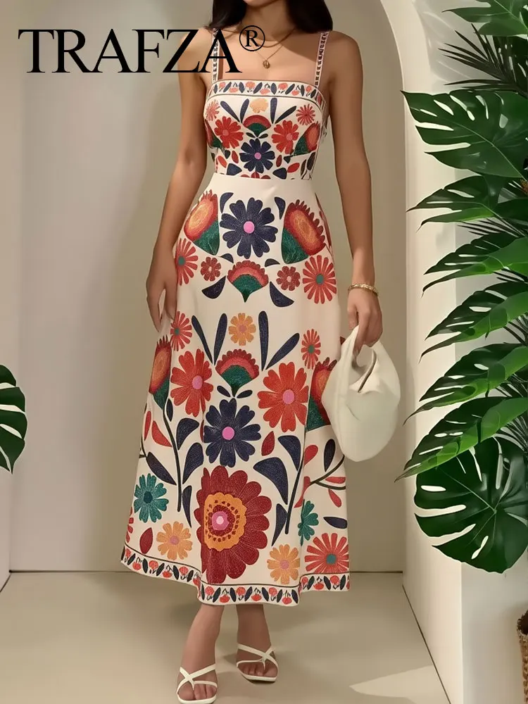 

TRAFZA Summer Fashion Vacation Style Floral Print Midi Dress Sleeveless Square Collar Side Zipper Women's Causal Suspender Dress