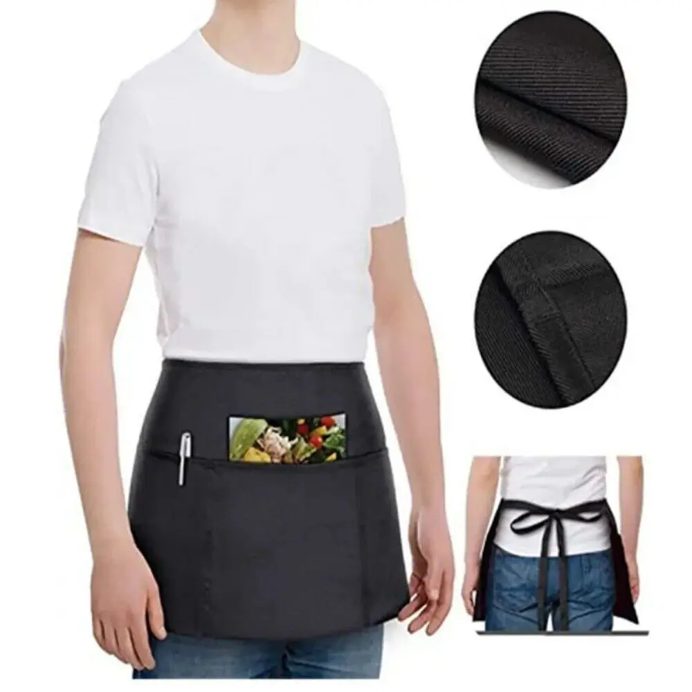 Fashion Short Small Apron 3 Pockets Waist Apron Black Waterproof Waitress Half Apron