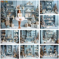 Merry Christmas Photography Background Baby Blue Gift Cabinet Stand Xmas Tree Candle Backdrop Decor Child Winter Birthday Party