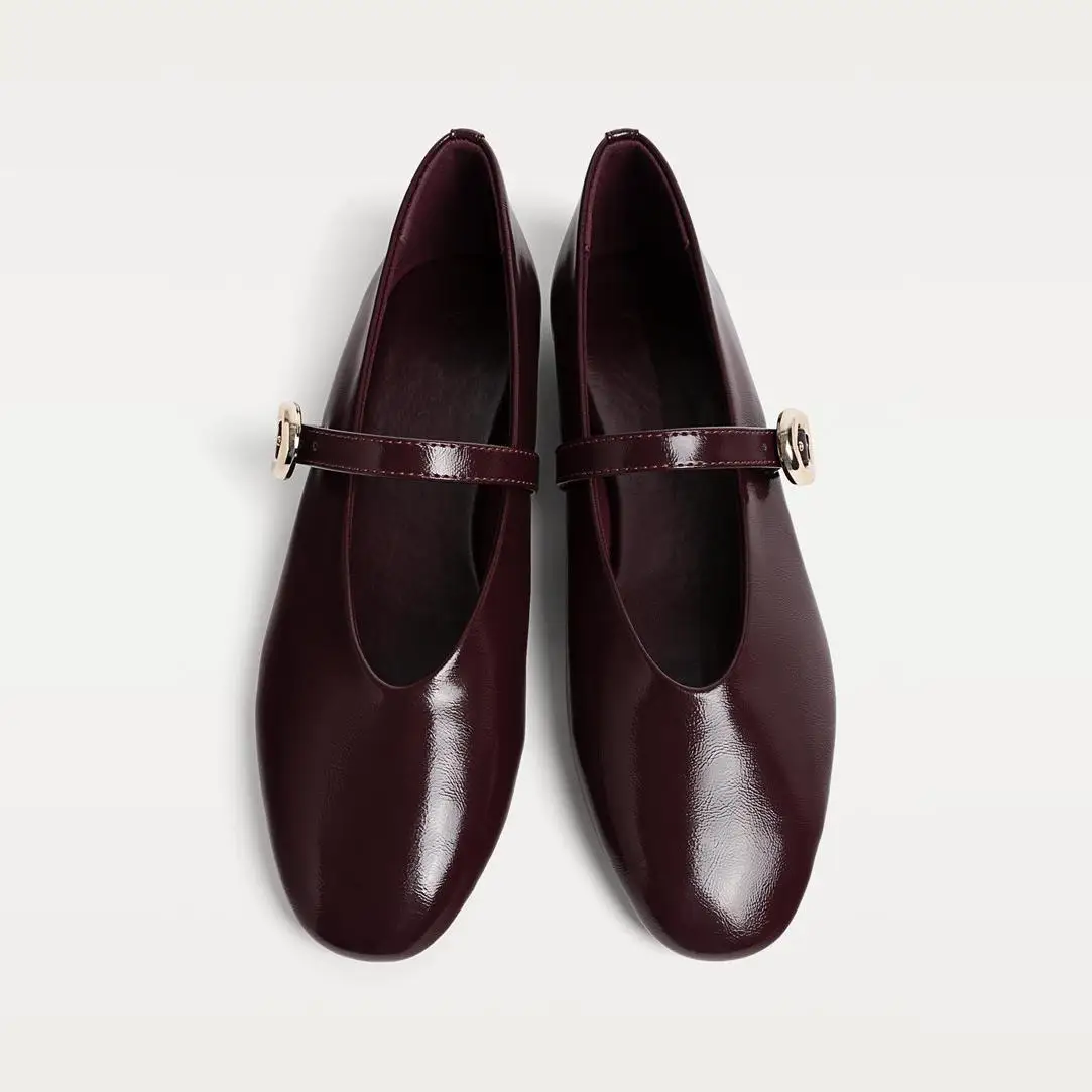 Spring New Design round Head V-Notch Thin Strap Ballet Flat Mary Jane Wine Red Single Shoes Women's Fashion Casual Flats