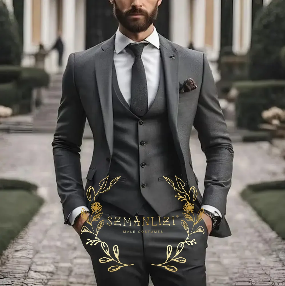 

Dark Grey Men's Suit 3-piece Formal Blazer Pants Vest Wedding Groom Tuxedos Customized Elegant Men's Suits Outfits