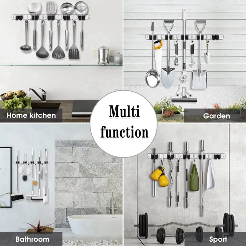 Stainless Steel Wall Mount Bracket 5 Racks And 4 Hooks Broom Organizer Tool Rack For Home Kitchen Garage