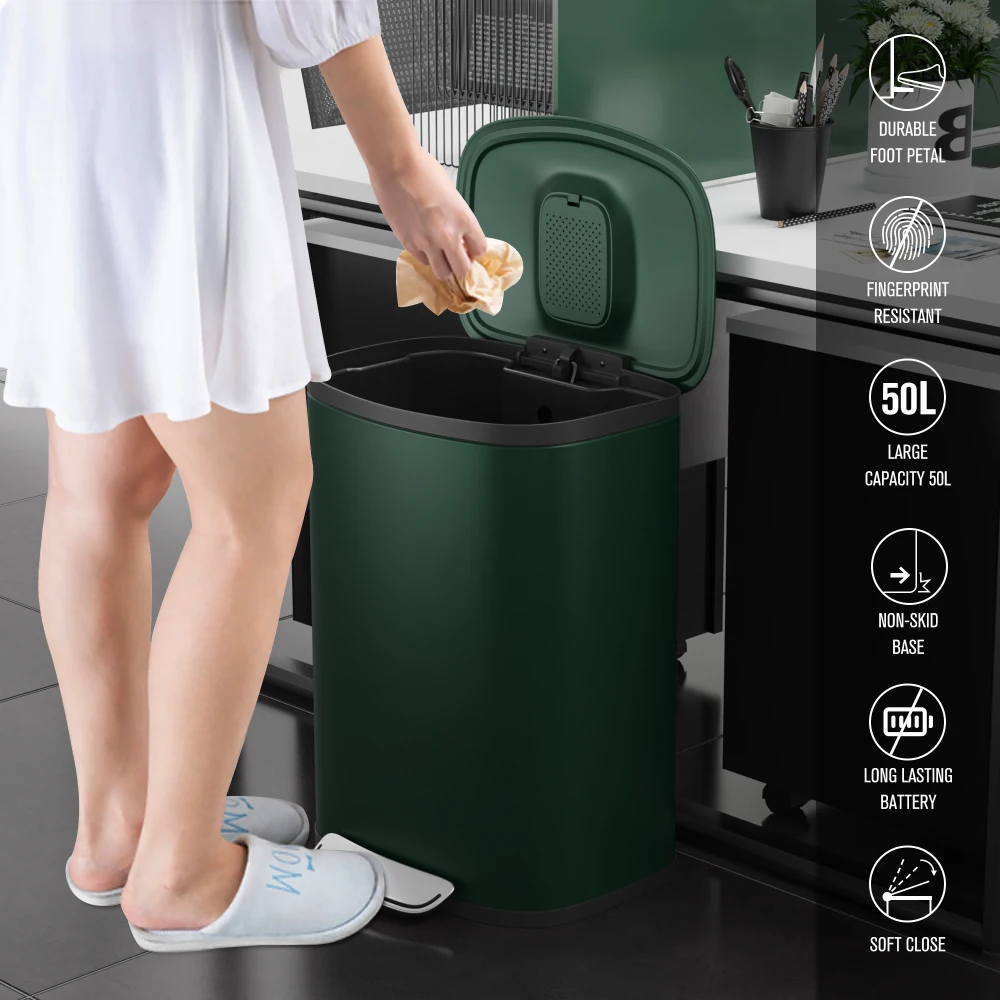 13 Gallon 50L Kitchen Foot Pedal Operated Soft Close Trash Can - Stainless Steel Rectangular Bustbin with 30 Garbage Bags- Green