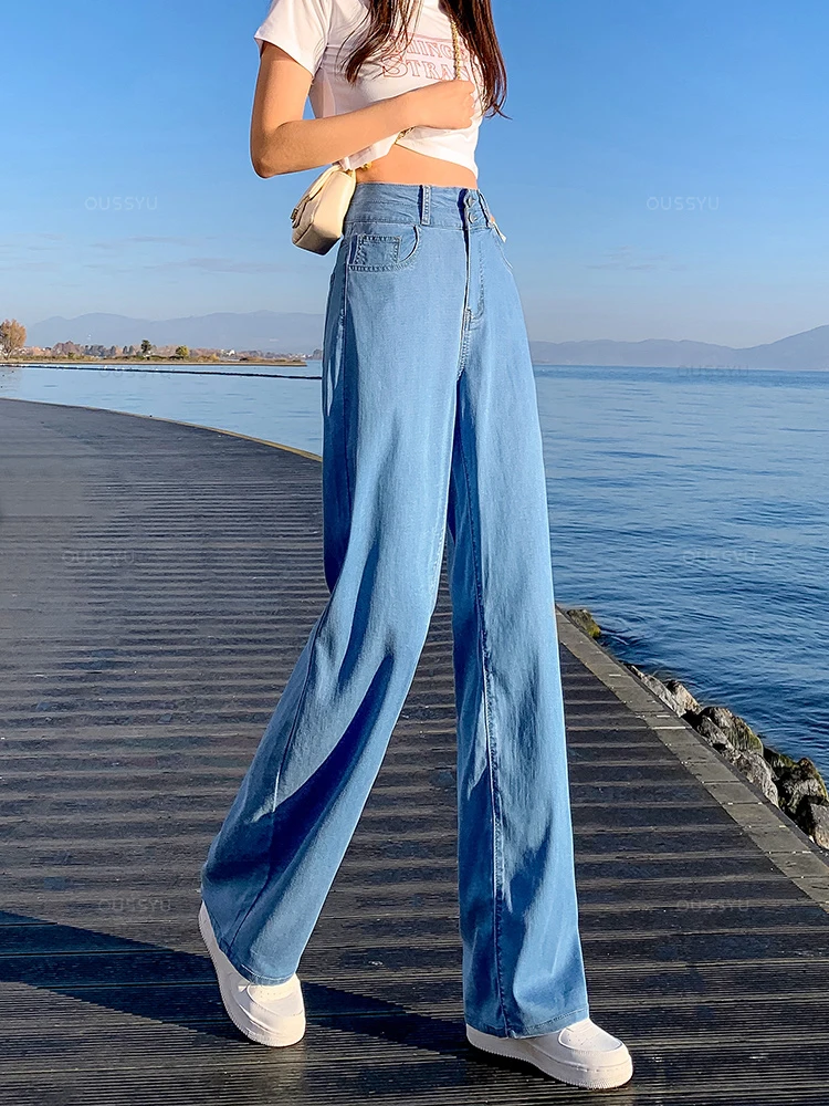 Brand Clothing Summer Soft Natural Lyocell Fabric Women\'s Jeans Thin Baggy Straight Denim Pants High Waist Casual Trouser Female