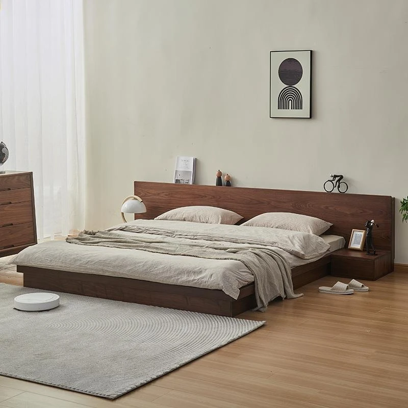 Modern Simple Black Walnut Nordic Double Floor Bed Floor-to-Floor Short Bed Full Solid Wood Queen Bed
