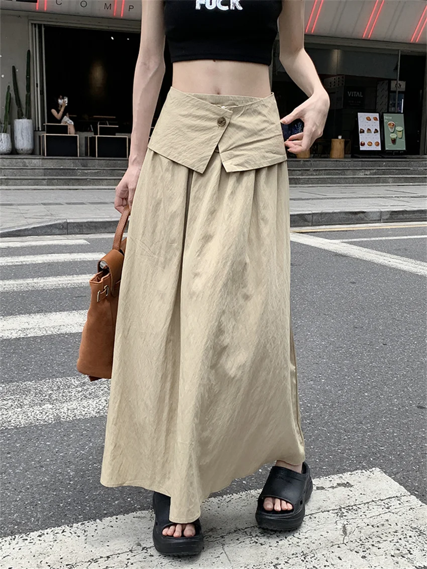 

Alien Kitty Khaki Long Skirts Women Autumn Normcore Chic Loose A-Line Slim 2023 Fashion Vintage New Office Lady Mujer High Waist