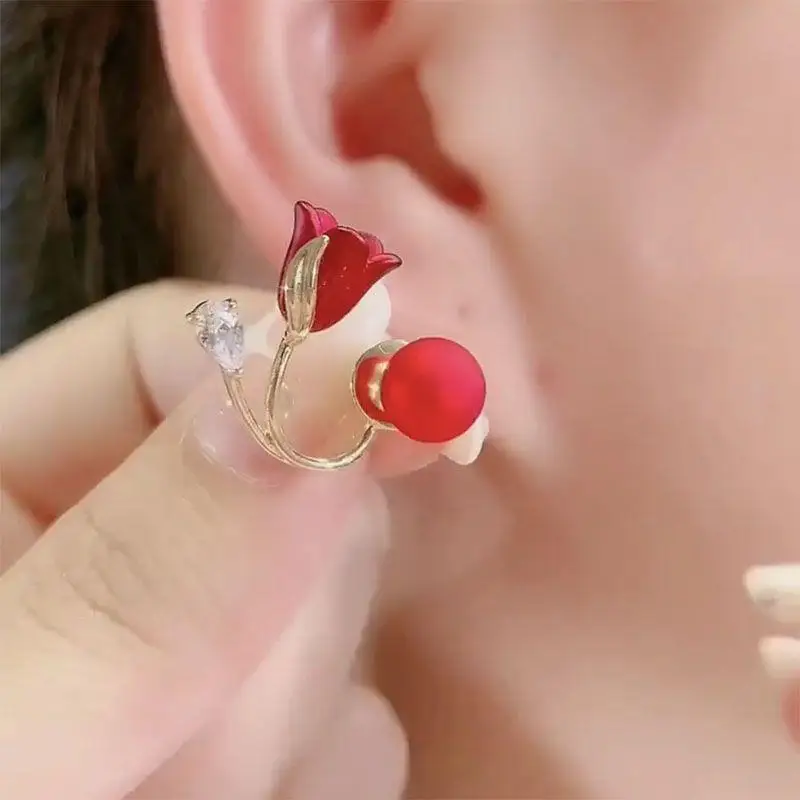 Korean Fashion Luxury Jewelry Earings Red Tulip Flower Imitation Pearl Elegant Sweet Earrings For Women Gifts Stud Earrings 2023