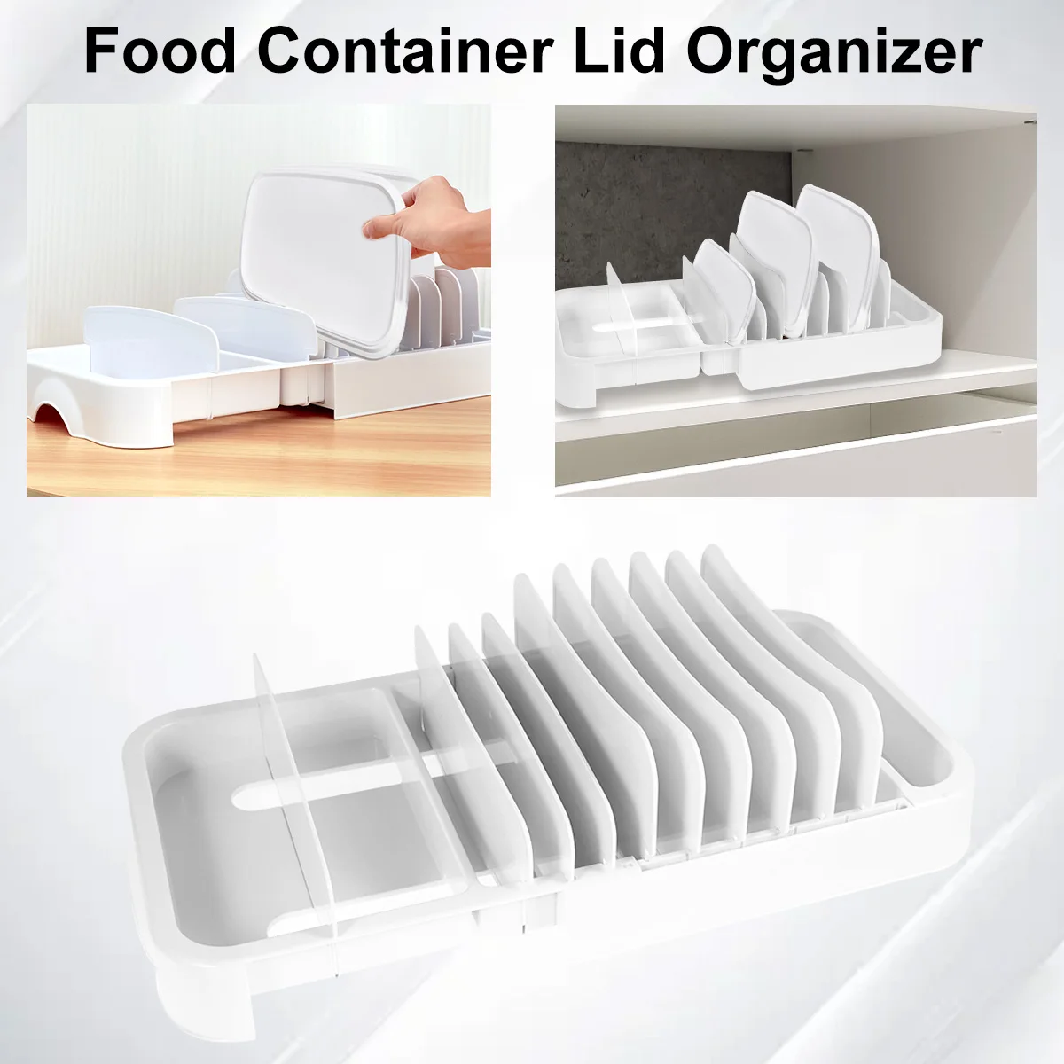 

Food Container Lid Organizer Expandable Lid Storage Organizer with 10 Adjustable Dividers Plastic Kitchen Cabinet Lid Holder Lid