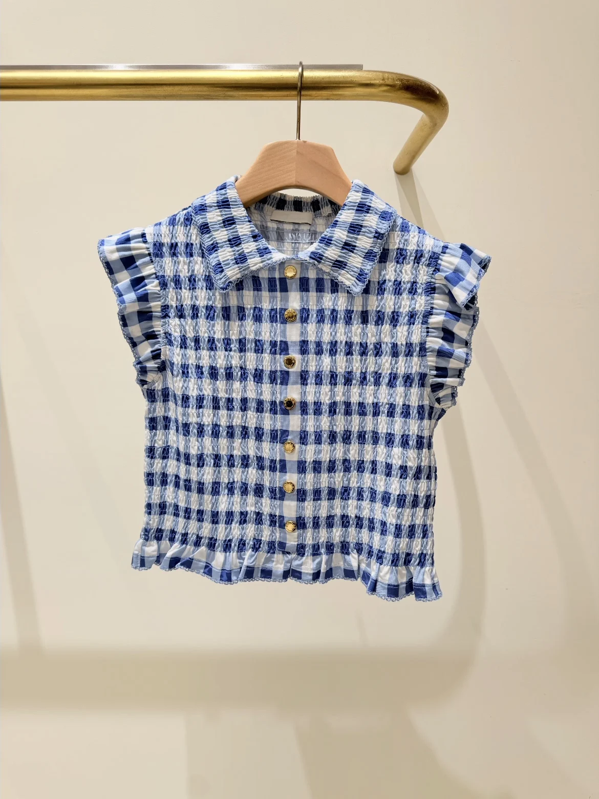 Blue Plaid Shirt Women's Princess Style Long Sleeve Button Closure Gathered Waist Pleated A-Line Hem Mushroom Cap Sleeves