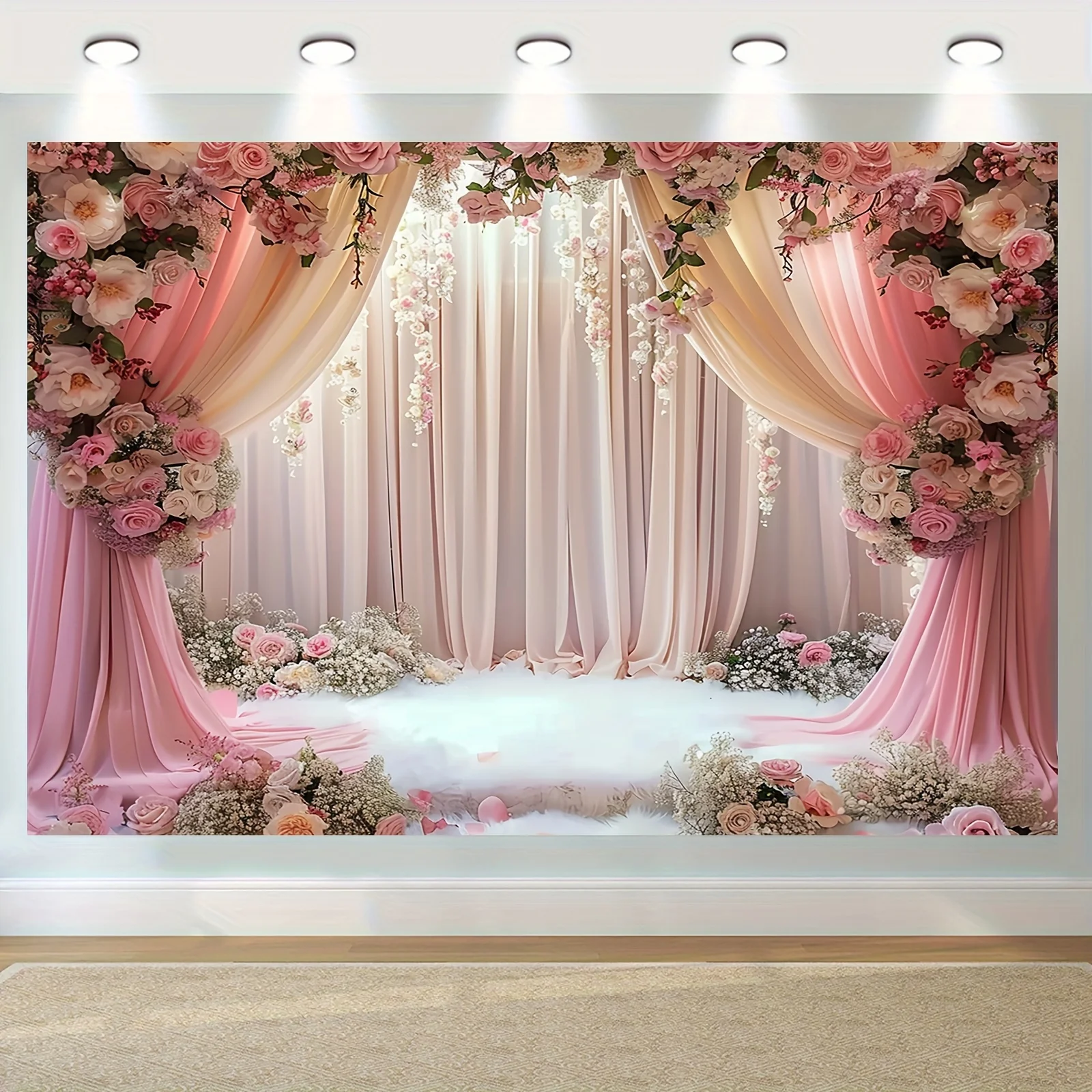Romantic pink floral polyester background curtains, photo booths decorate bridal showers, engagements and weddings