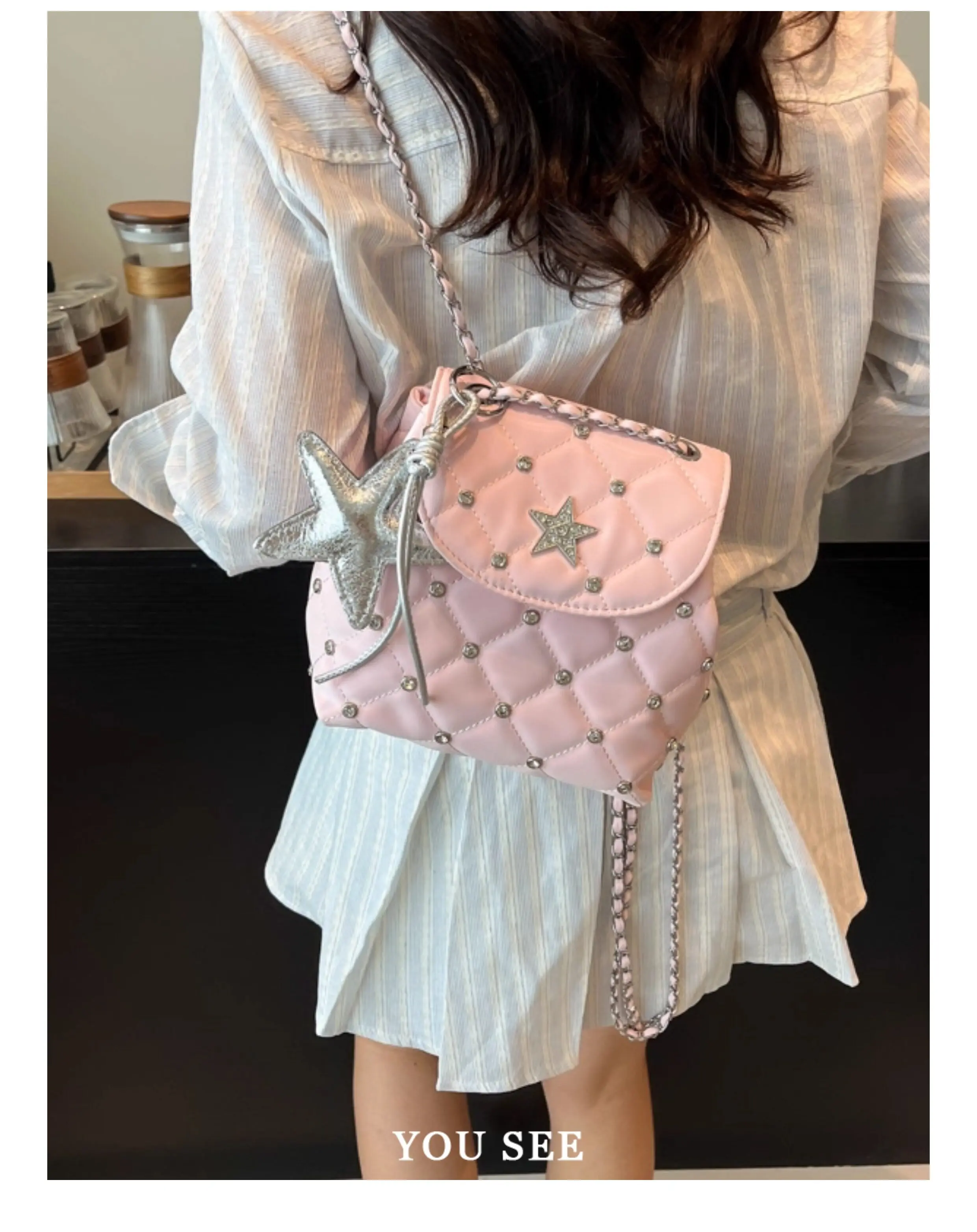Pink Diamond Willow Nail Star Chain Mini Backpack Women's 2026 New High-end Niche Non-collision Cross-body Backpack for Girl